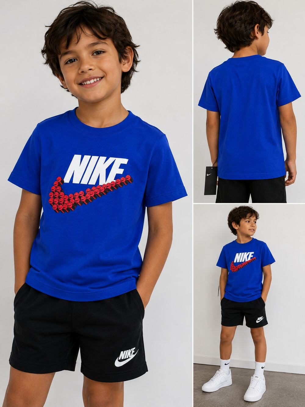 Nike Boys Smiley Swoosh Graphic T-Shirt Blue NWT Size 7 Kids Short Sleeve Tee